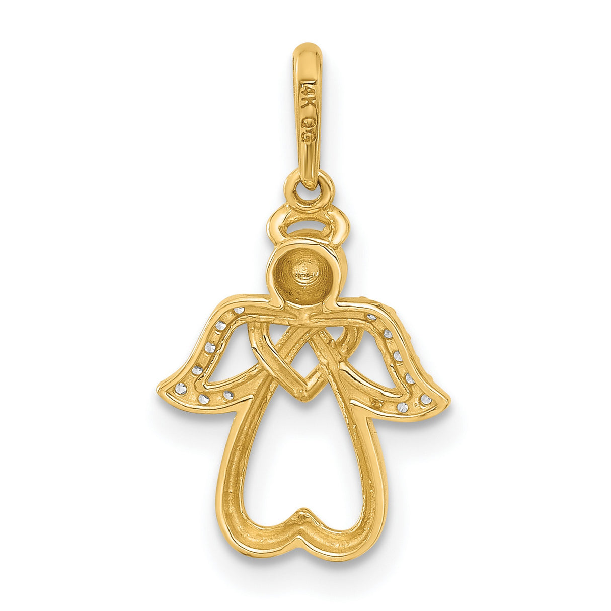 14k Yellow Gold Angel Pendant with Cubic Zirconia Wings and Open Heart Design