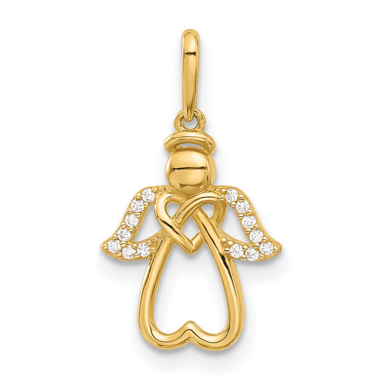 14k Yellow Gold Angel Pendant with Cubic Zirconia Wings and Open Heart Design