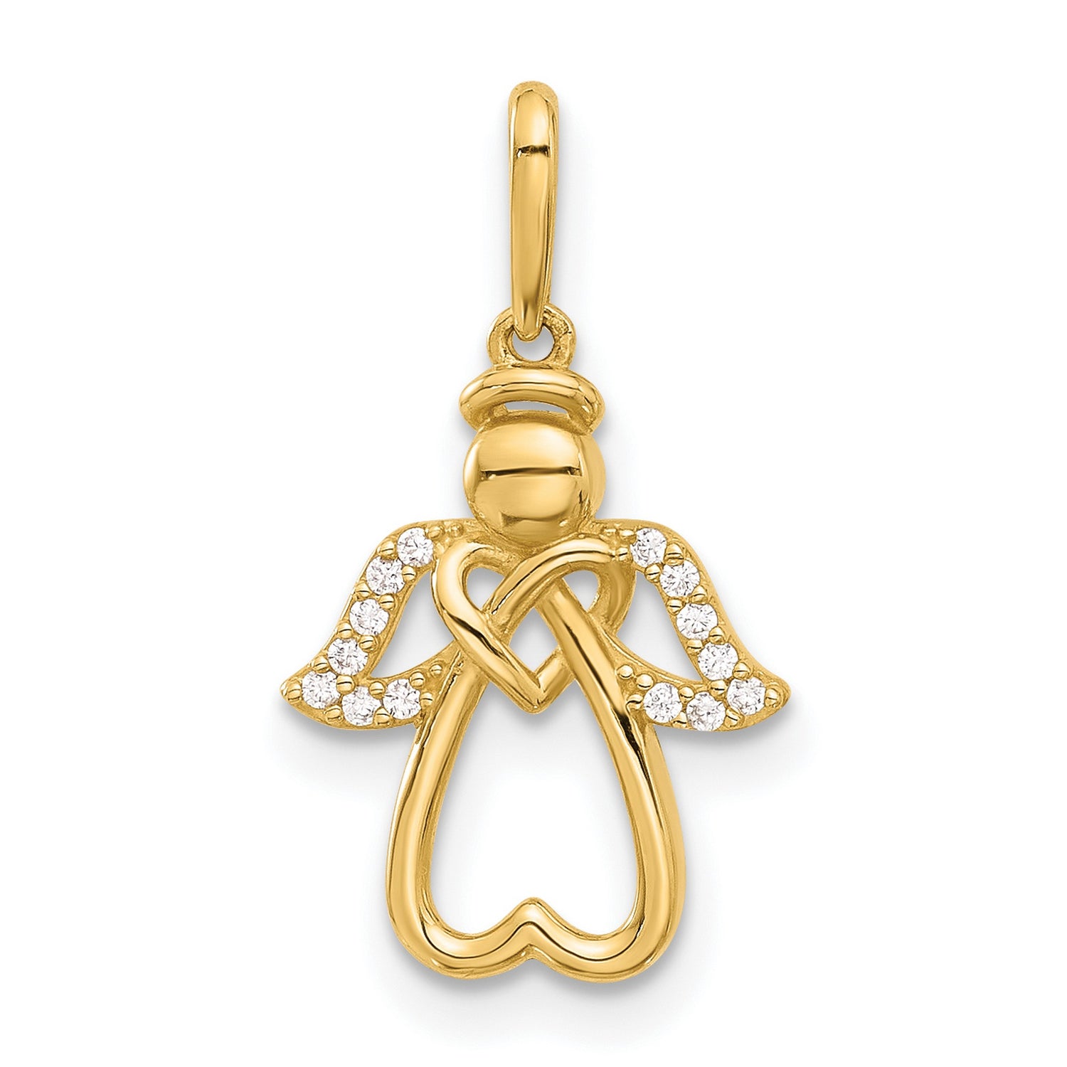 14k Yellow Gold Angel Pendant with Cubic Zirconia Wings and Open Heart Design