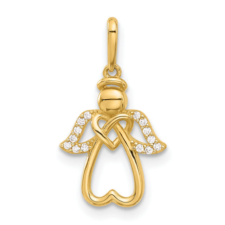14k Yellow Gold Angel Pendant with Cubic Zirconia Wings and Open Heart Design