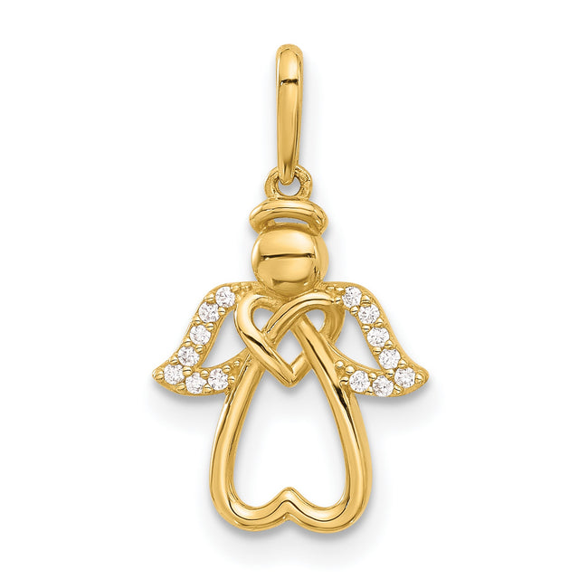 14k Yellow Gold Angel Pendant with Cubic Zirconia Wings and Open Heart Design