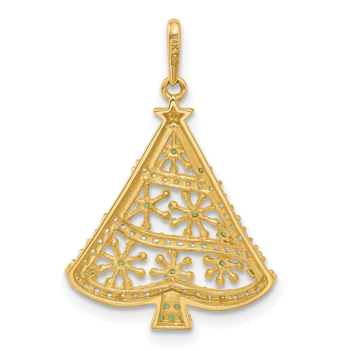 14k Yellow Gold Christmas Tree Pendant with Cubic Zirconia, Snowflake Holiday Design