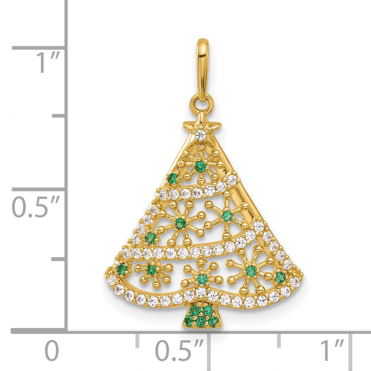 14k Yellow Gold Christmas Tree Pendant with Cubic Zirconia, Snowflake Holiday Design