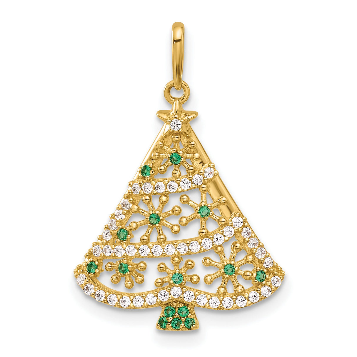14k Yellow Gold Christmas Tree Pendant with Cubic Zirconia, Snowflake Holiday Design