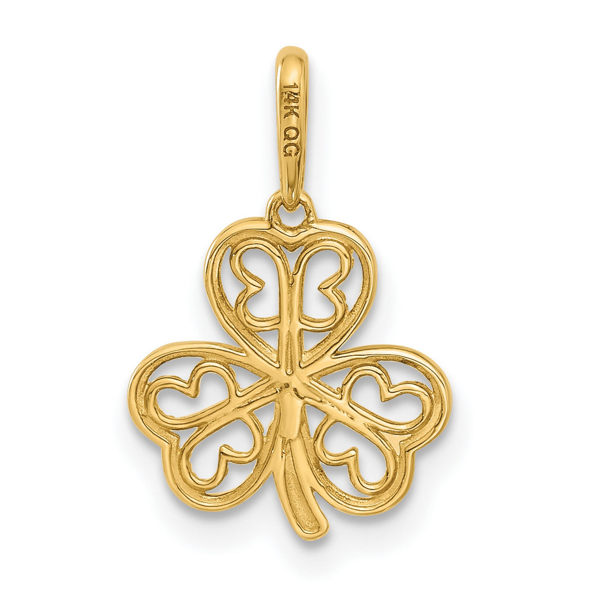 14k Yellow Gold Shamrock Pendant with Heart Leaf Clover and Butterfly Filigree Design