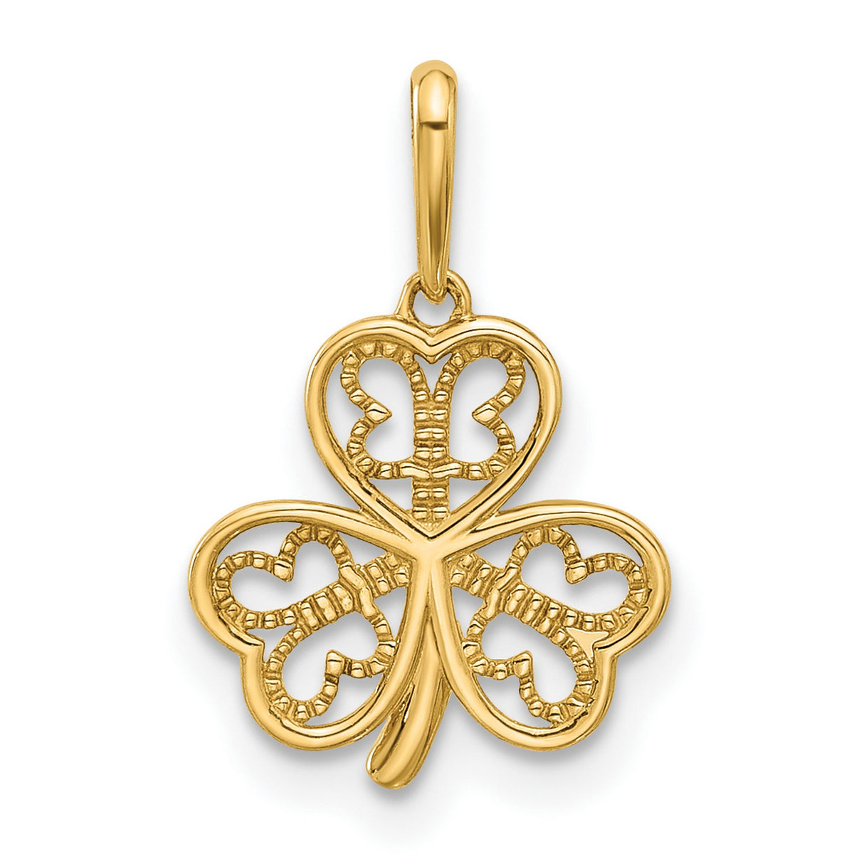14k Yellow Gold Shamrock Pendant with Heart Leaf Clover and Butterfly Filigree Design