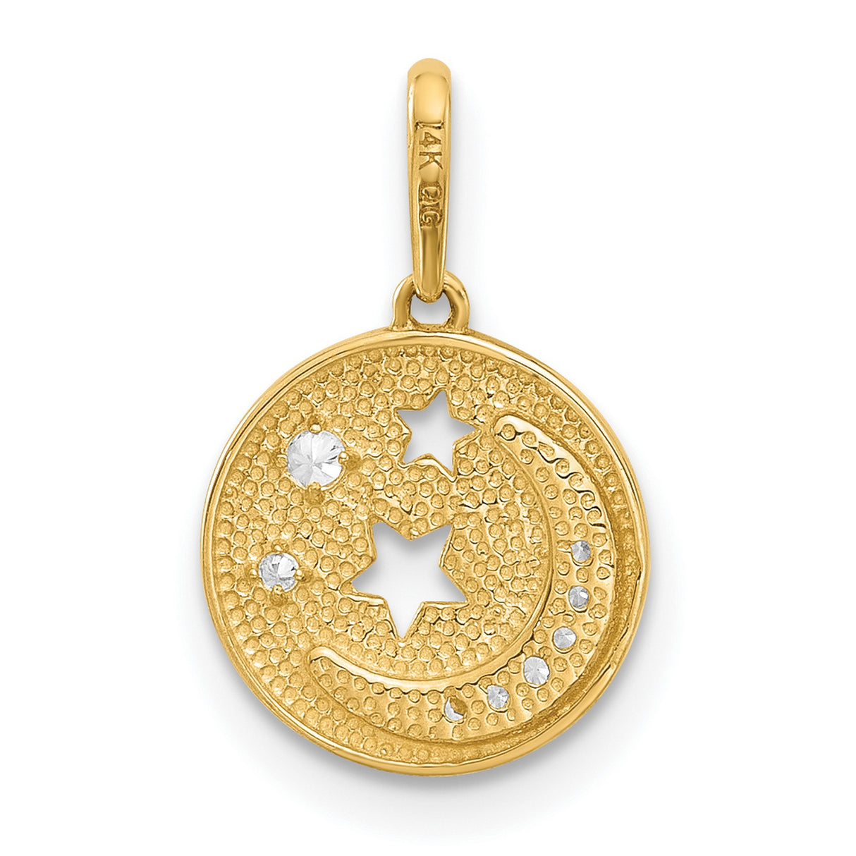 14k Yellow Gold Moon and Stars Pendant with Cubic Zirconia, Celestial Disc Charm for Women