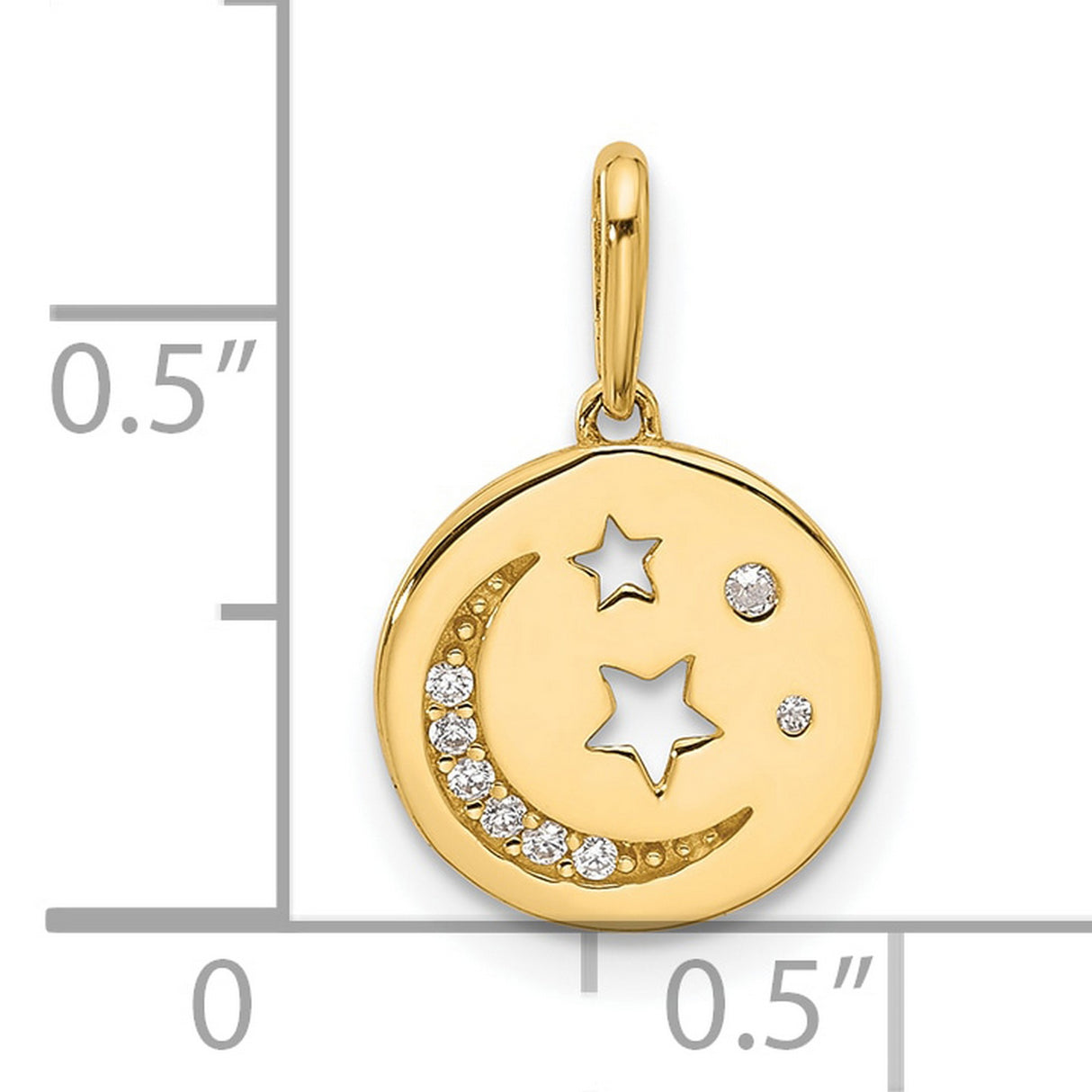 14k Yellow Gold Moon and Stars Pendant with Cubic Zirconia, Celestial Disc Charm for Women