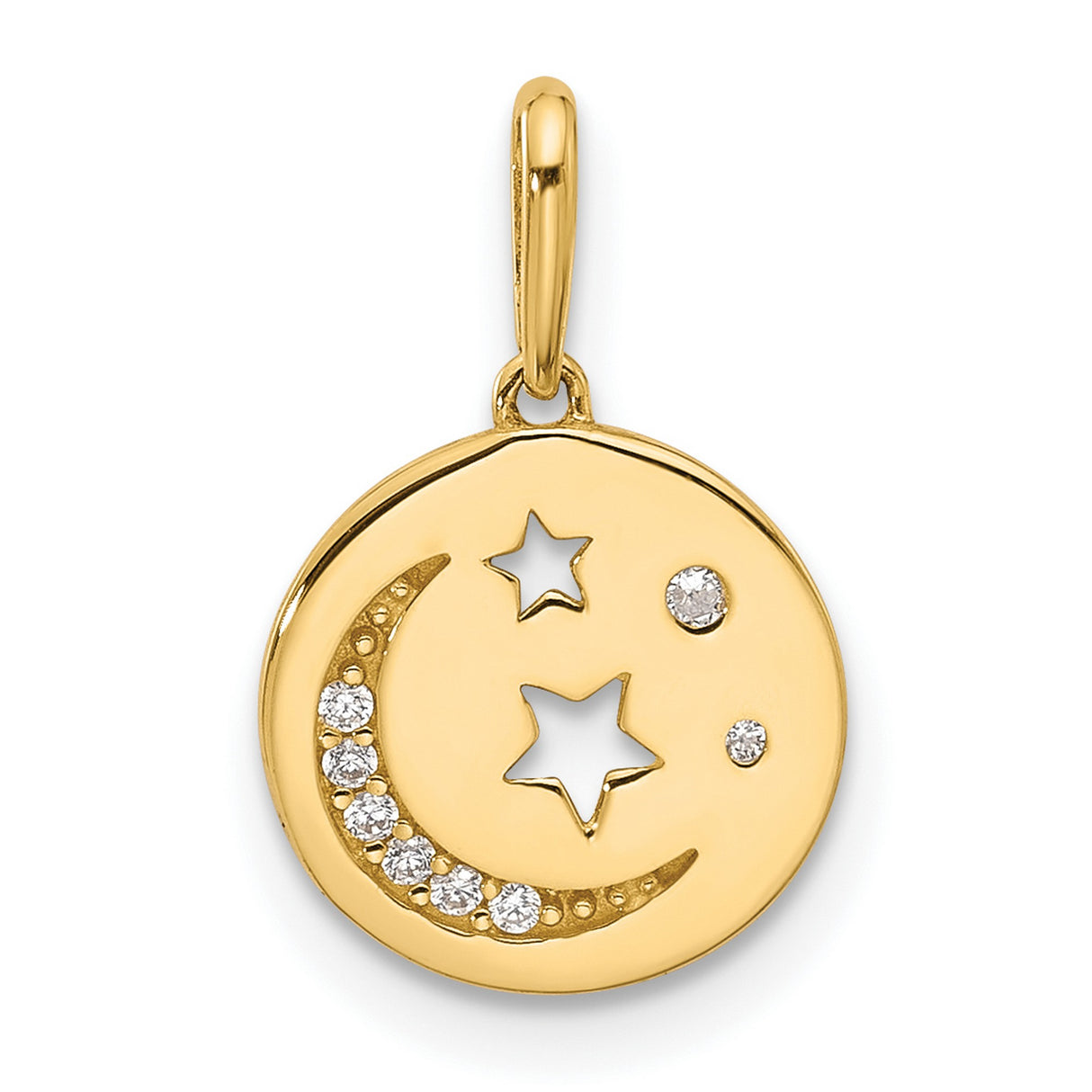 14k Yellow Gold Moon and Stars Pendant with Cubic Zirconia, Celestial Disc Charm for Women