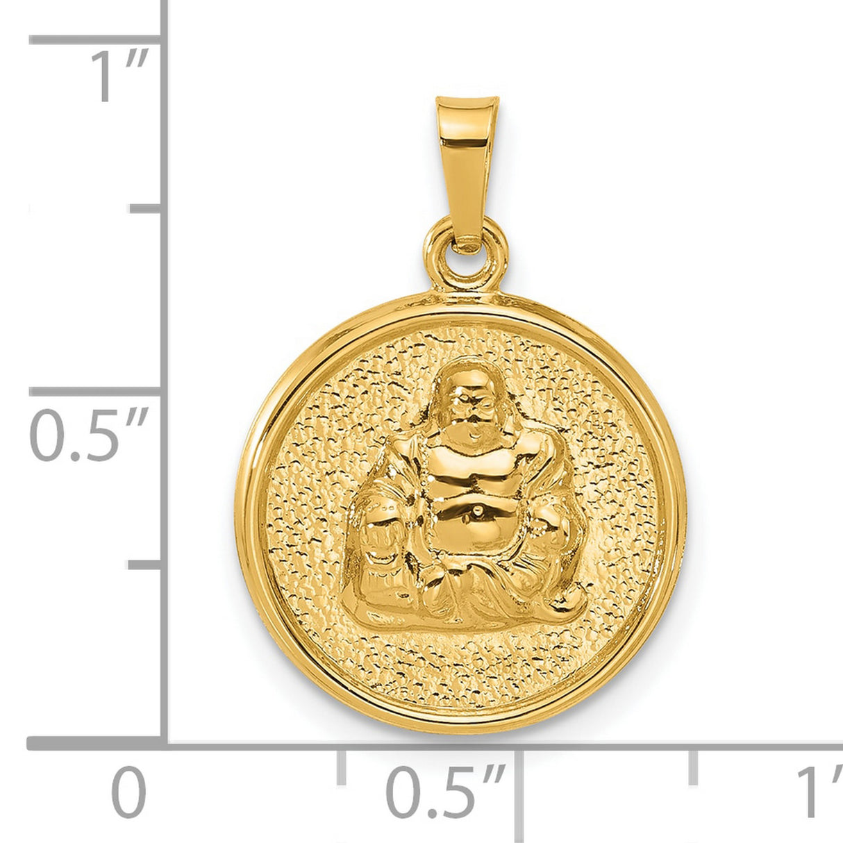 14k Yellow Gold Round Pendant with Raised Laughing Buddha Image, Spirituality and Good Fortune Theme