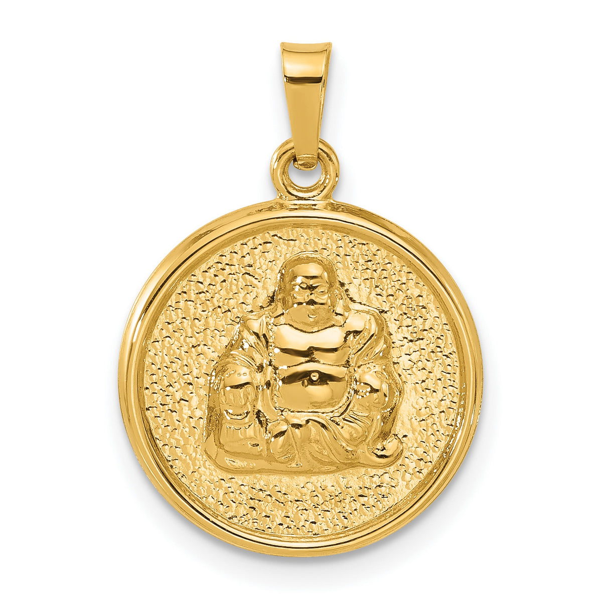 14k Yellow Gold Round Pendant with Raised Laughing Buddha Image, Spirituality and Good Fortune Theme