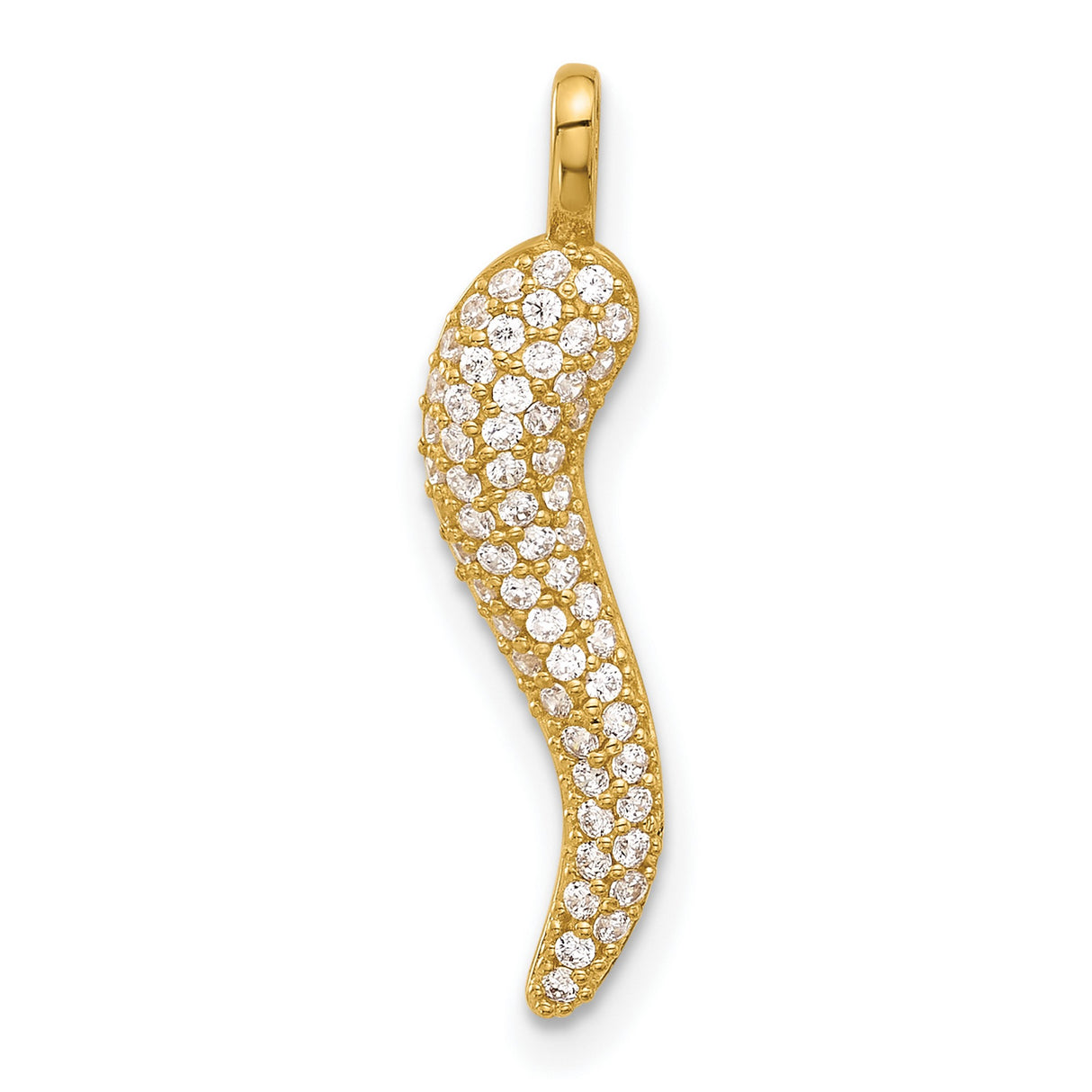 14k Yellow Gold Cornicello Pendant with Cubic Zirconia Pavé , Italian Horn Charm for Protection