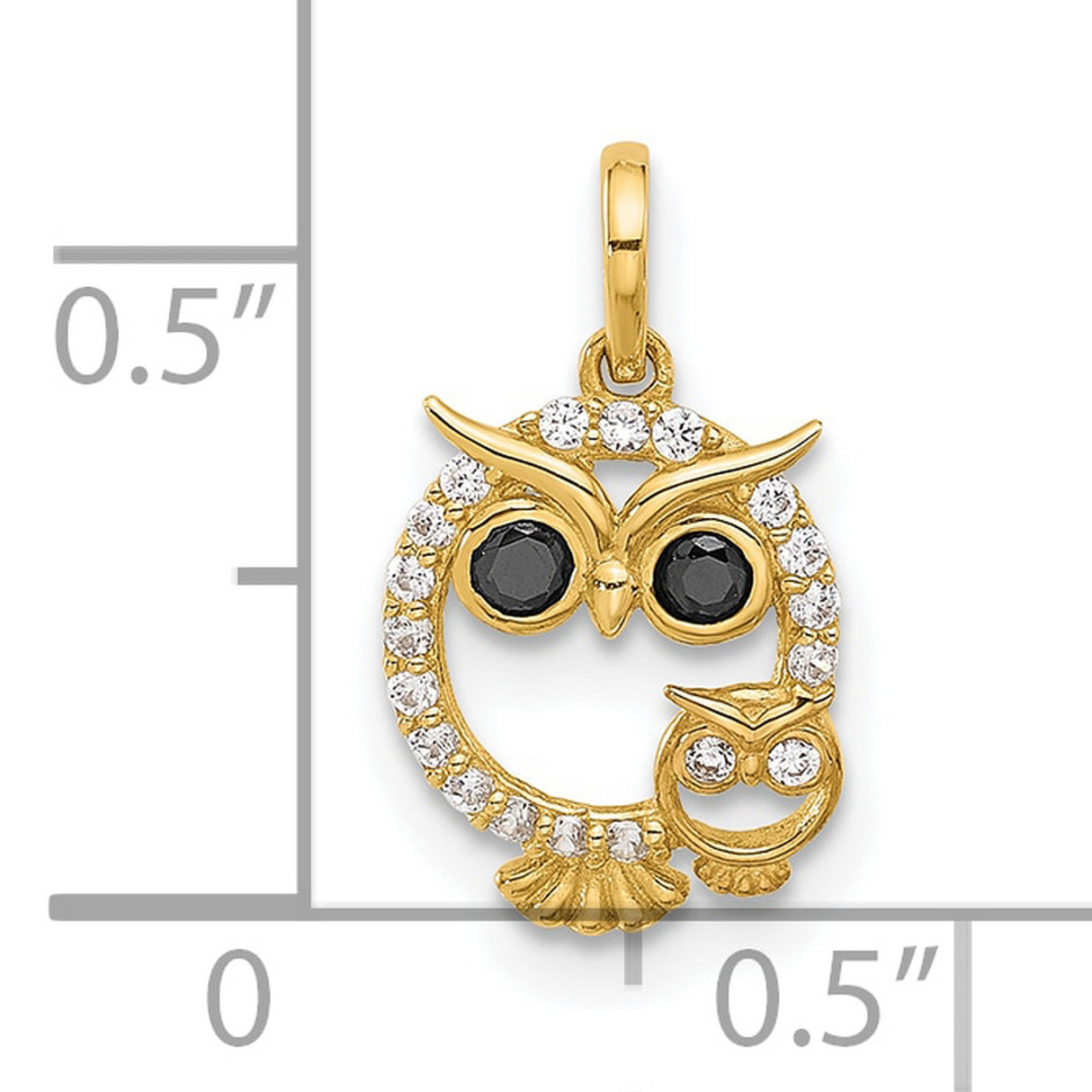 14k Yellow Gold Owl Pendant with Mother and Baby Owls, Cubic Zirconia Accents