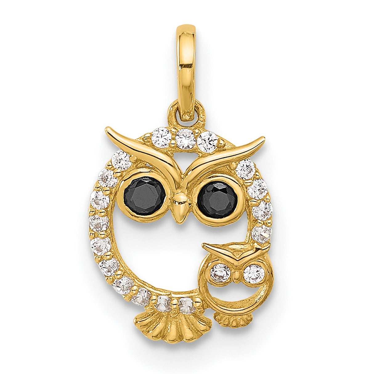 14k Yellow Gold Owl Pendant with Mother and Baby Owls, Cubic Zirconia Accents