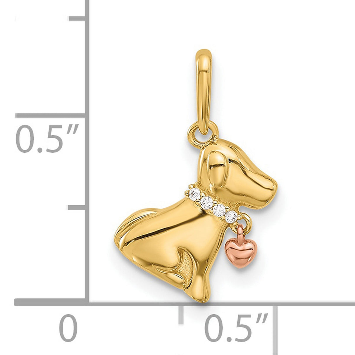 14k Two-Tone Gold Dog Pendant with Cubic Zirconia, Rose Heart Charm, Puppy Design