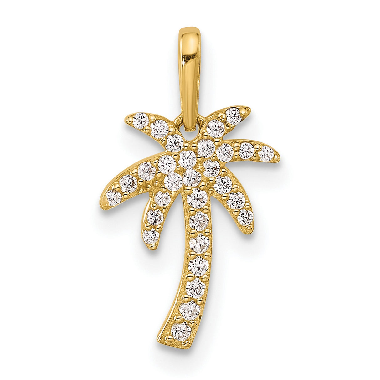 14k Yellow Gold Palm Tree Pendant with Cubic Zirconia, Tropical Island Motif Summer Jewelry