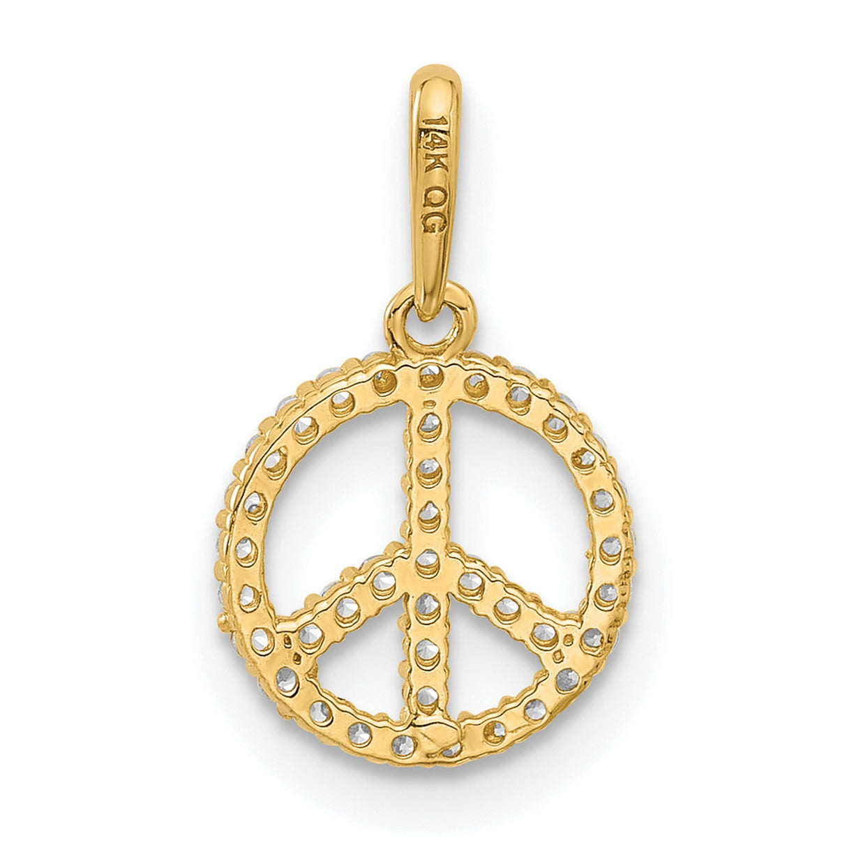 14k Yellow Gold Peace Sign Pendant with Cubic Zirconia, Boho Retro Spiritual Jewelry for Women