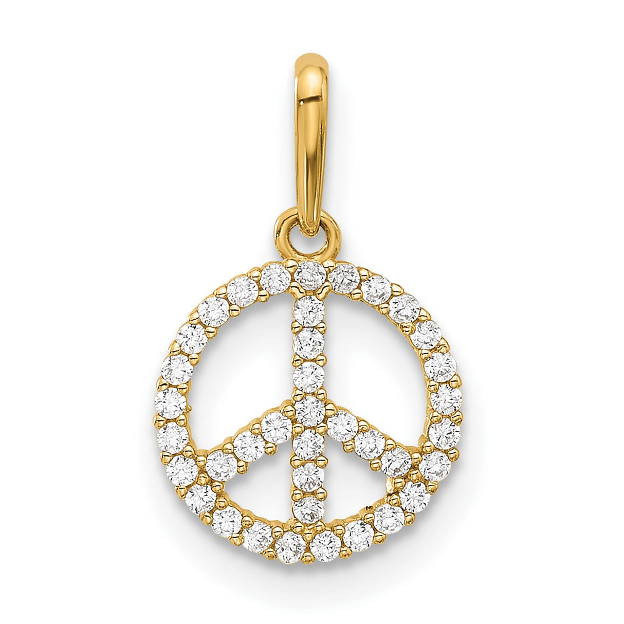 14k Yellow Gold Peace Sign Pendant with Cubic Zirconia, Boho Retro Spiritual Jewelry for Women