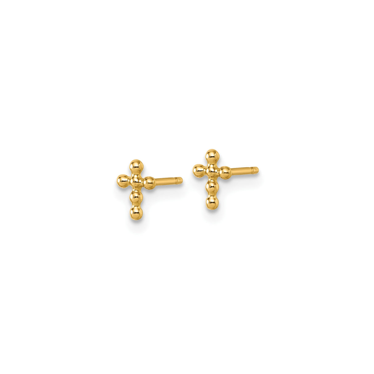 14k Yellow Gold Cross Stud Earrings, Beaded Minimalist Christian Design for Women