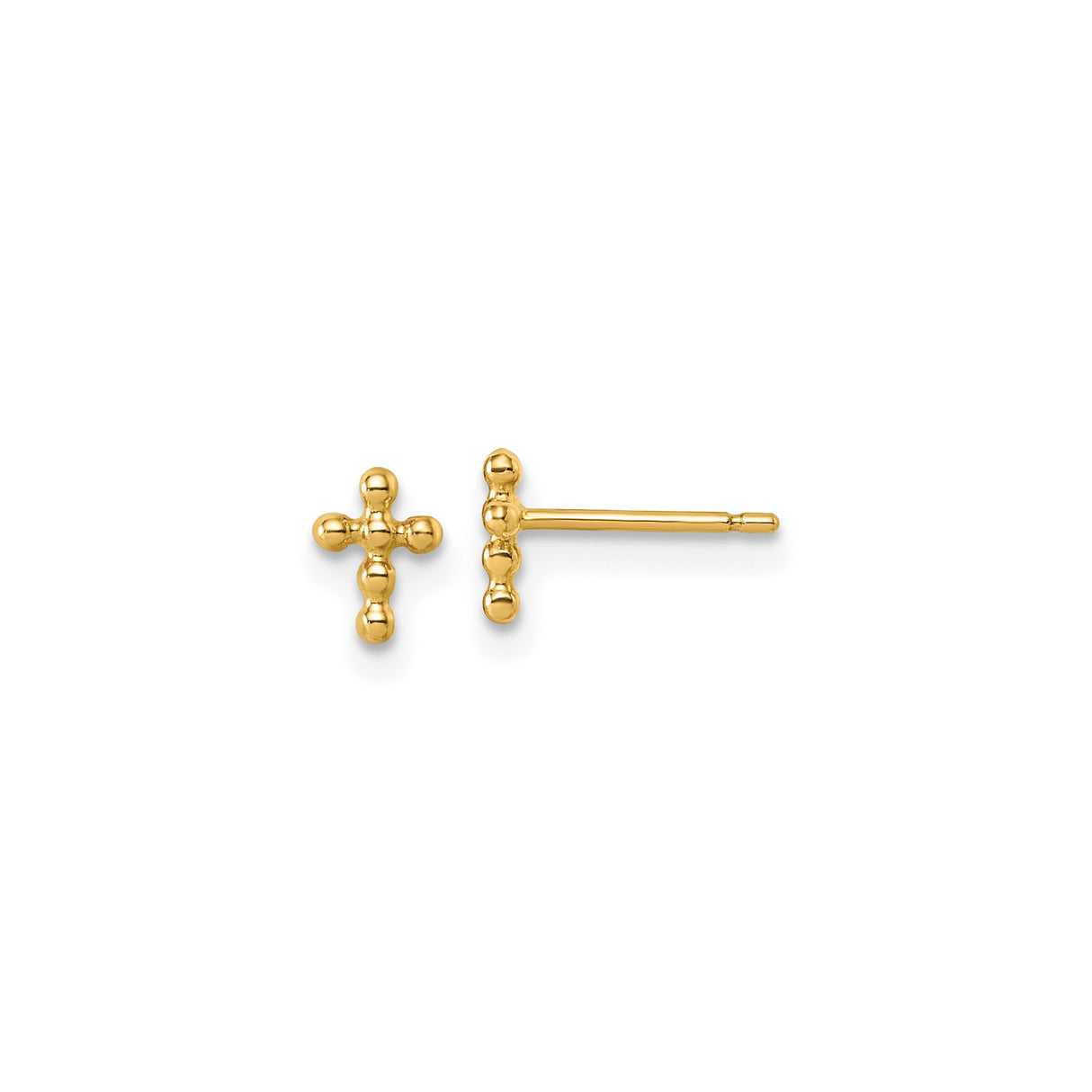 14k Yellow Gold Cross Stud Earrings, Beaded Minimalist Christian Design for Women