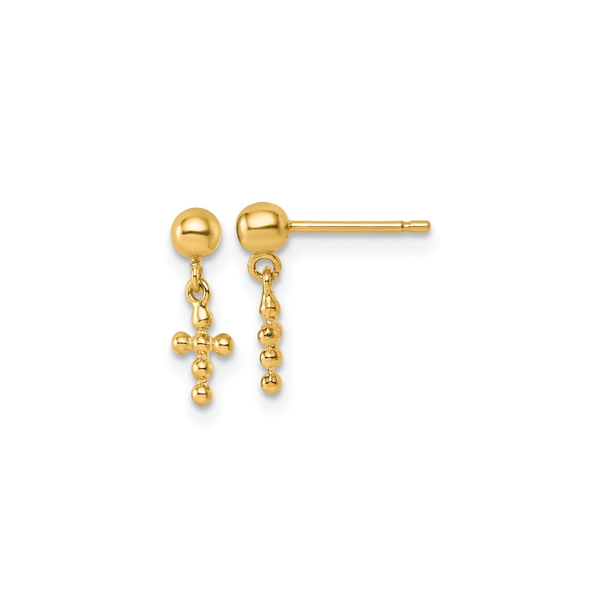 14k Yellow Gold Dangle Earrings with Beaded Cross Design for Women