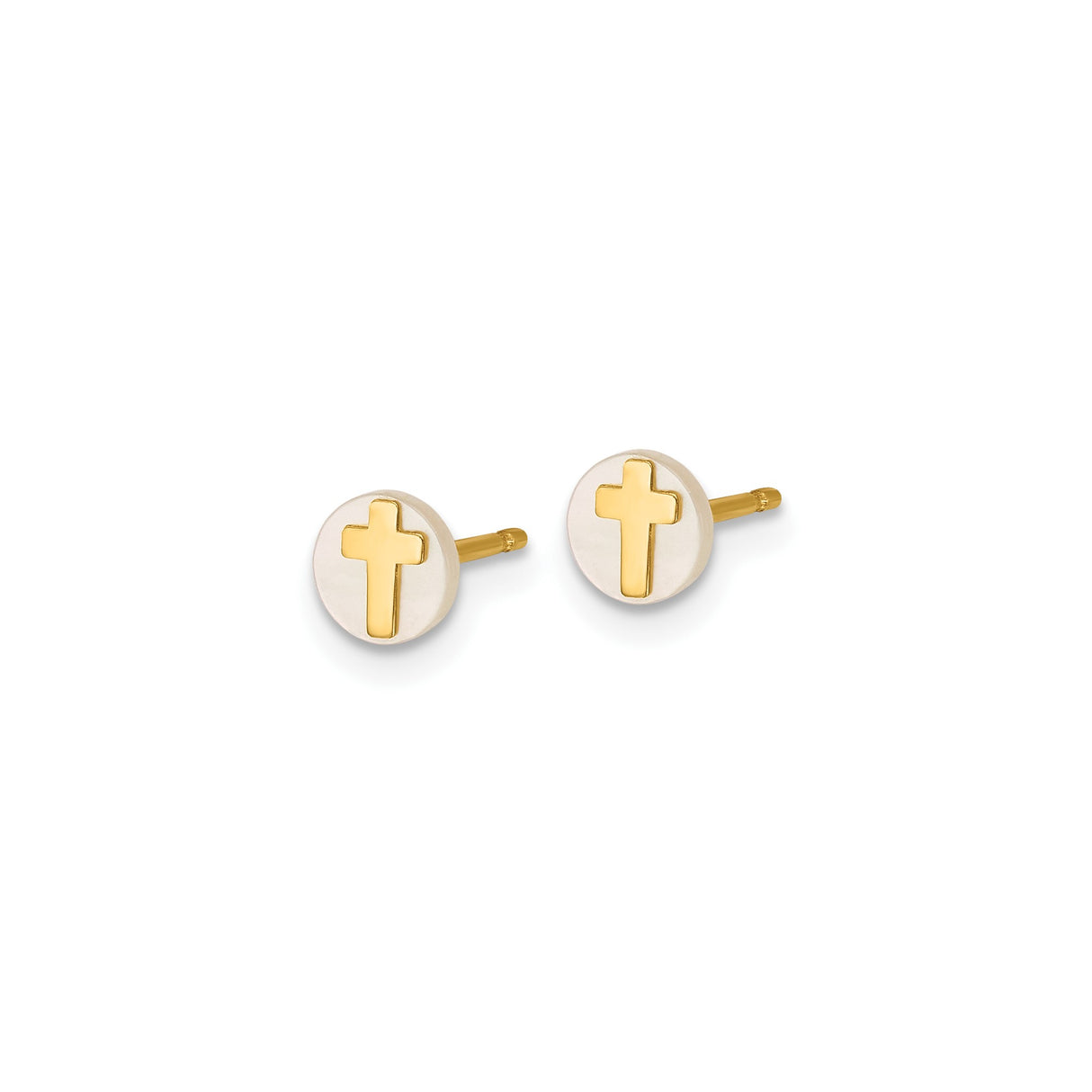 14k Yellow Gold Stud Earrings with Mother of Pearl and Cutout Cross Design