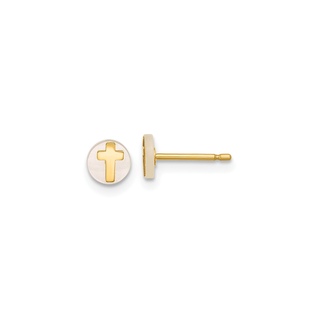 14k Yellow Gold Stud Earrings with Mother of Pearl and Cutout Cross Design