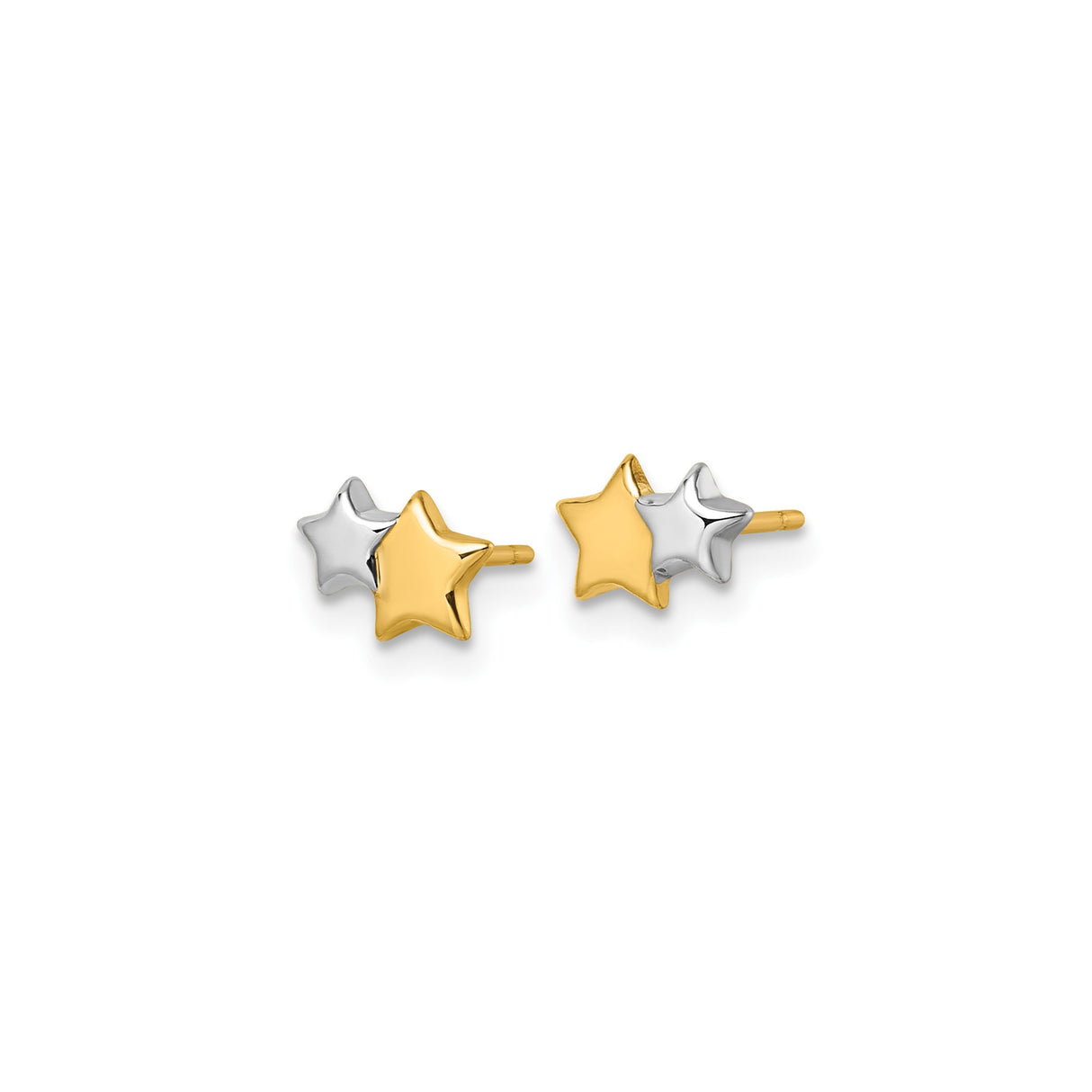 14k Yellow Gold Double Star Stud Earrings, Polished Two-Tone Celestial Design for Women