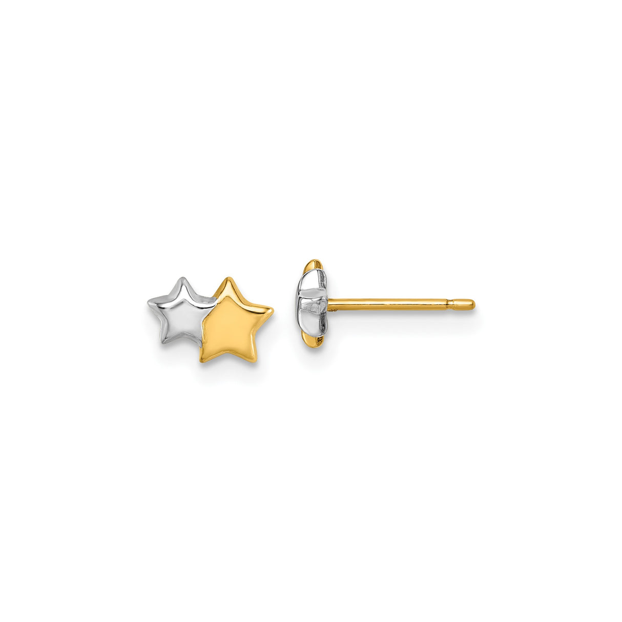 14k Yellow Gold Double Star Stud Earrings, Polished Two-Tone Celestial Design for Women