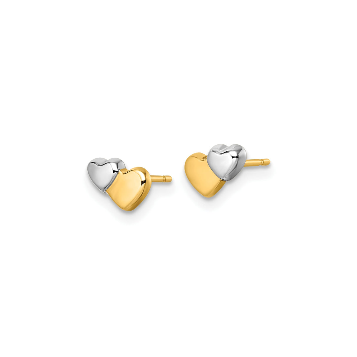 14k Yellow Gold Heart Stud Earrings, Two-Tone Split Heart Design, Modern Minimal Style for Women