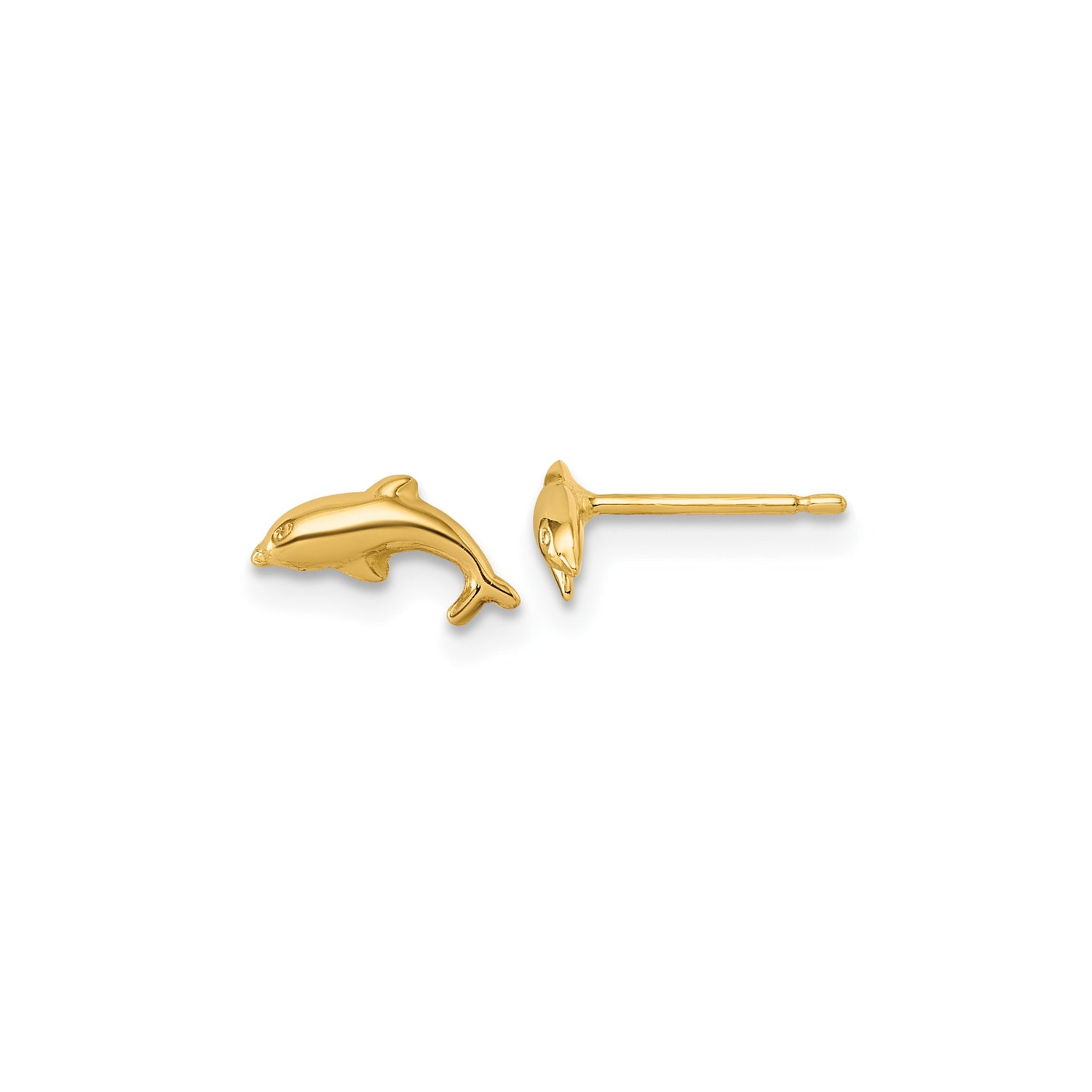14k Yellow Gold Dolphin Stud Earrings, Nautical Marine Life Theme for Women and Girls