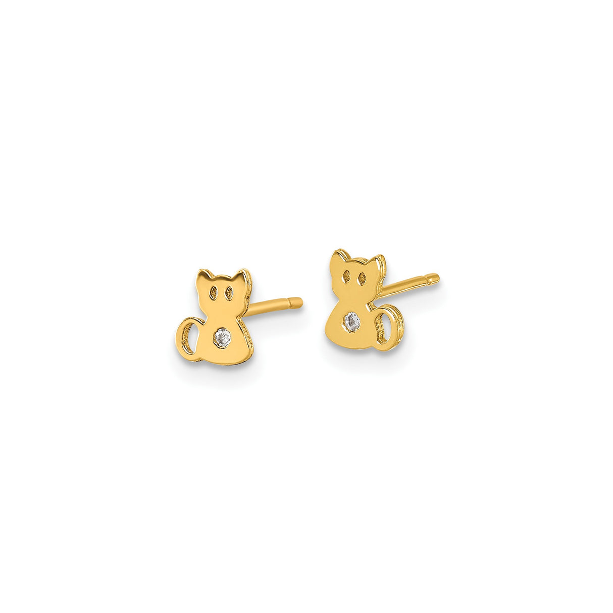 14k Yellow Gold Cat Stud Earrings with Cubic Zirconia, Playful Feline Silhouette Design