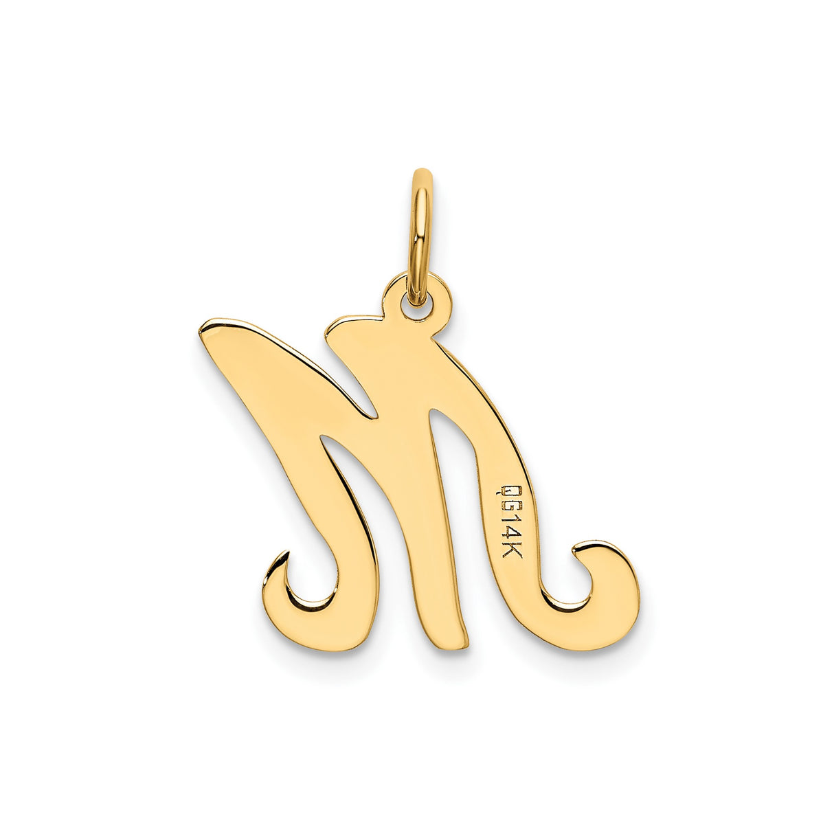 14k Yellow Gold Script M Pendant, Cursive Initial Charm, Polished Letter Jewelry for Women