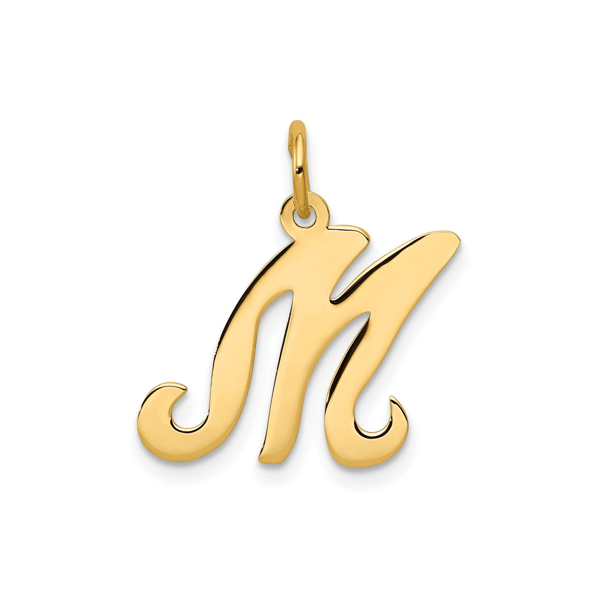 14k Yellow Gold Script M Pendant, Cursive Initial Charm, Polished Letter Jewelry for Women