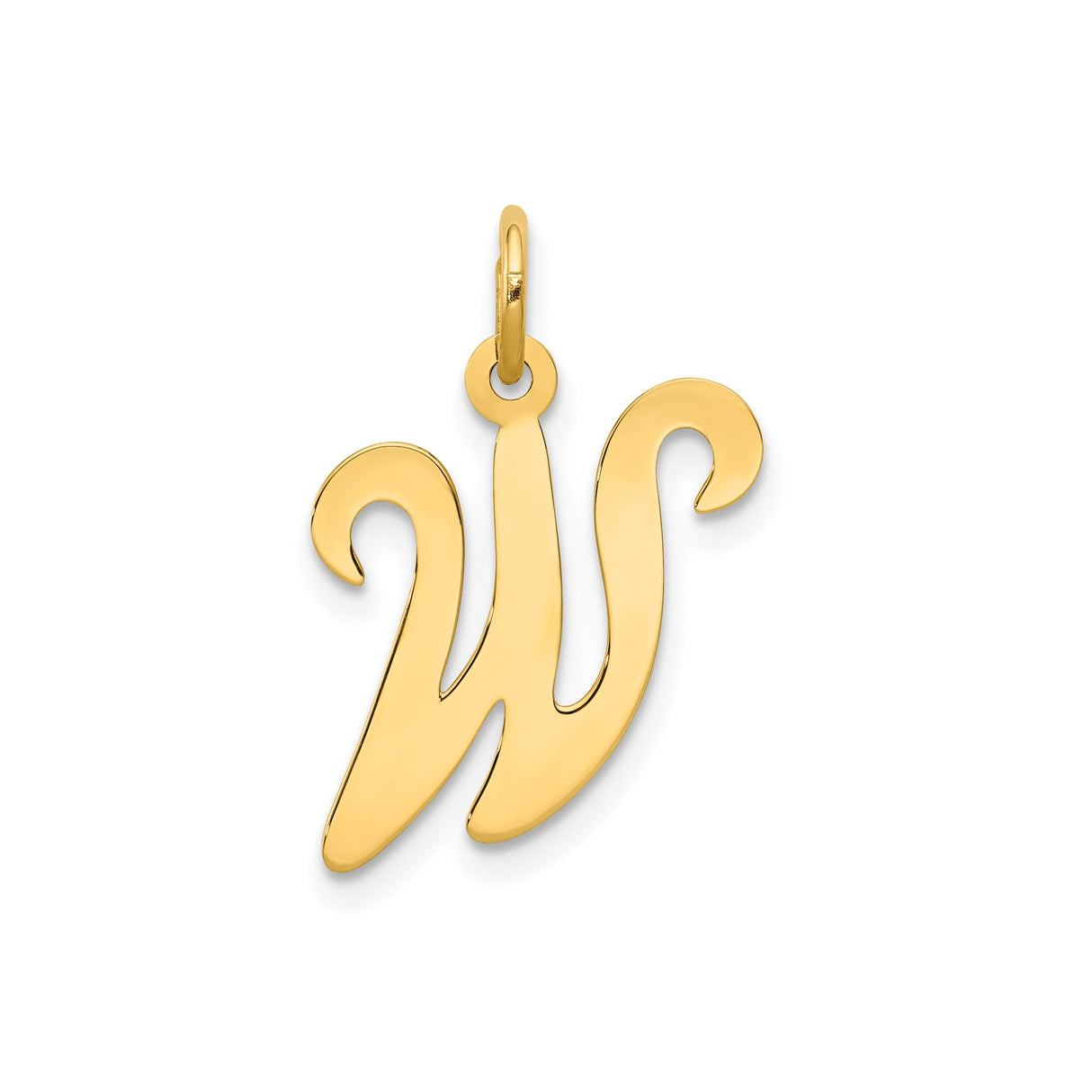 14k Yellow Gold Initial Pendant with Script Letter W, Polished Cursive Charm for Women