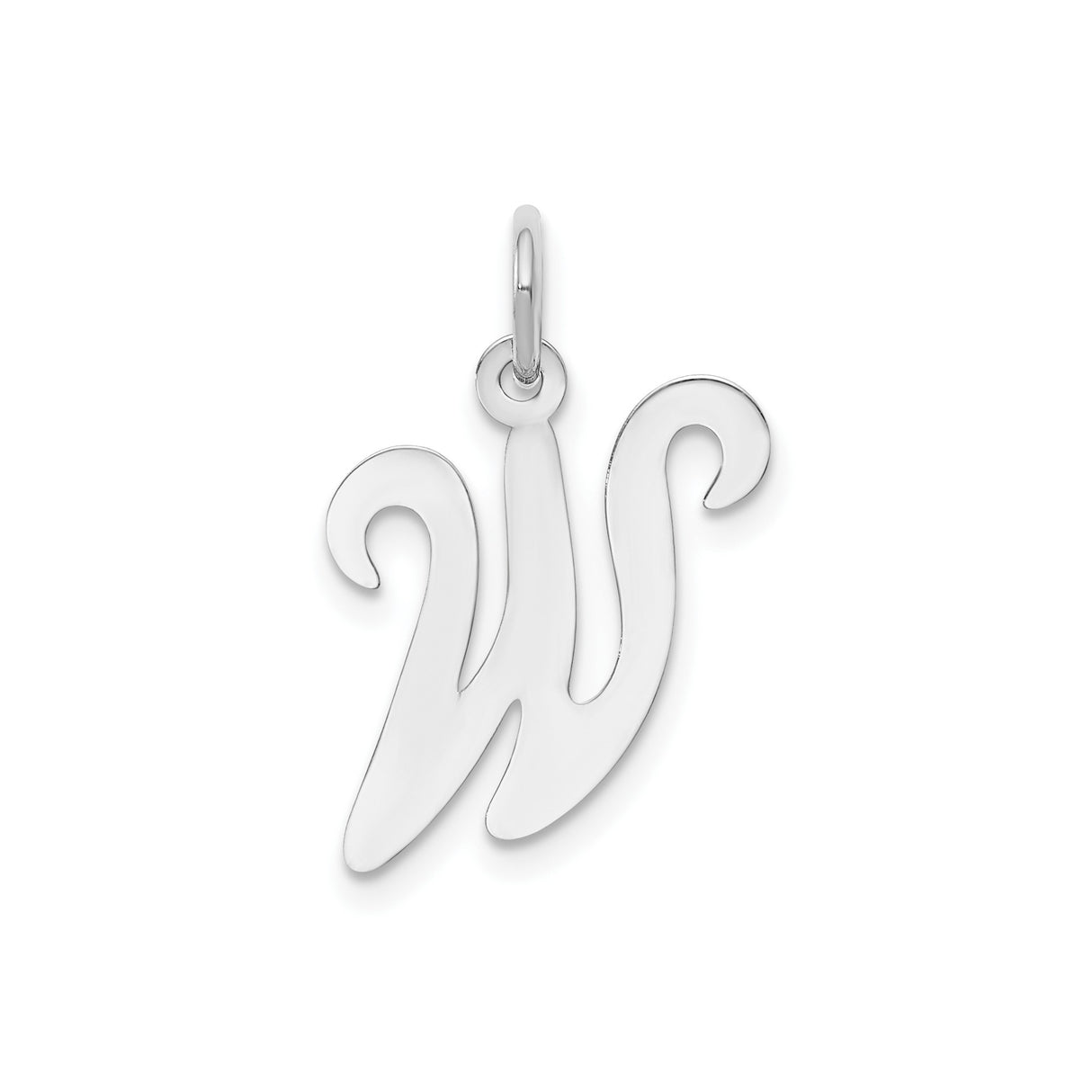 14k White Gold Initial W Pendant, Polished Script Letter Charm in Cursive Style for Women