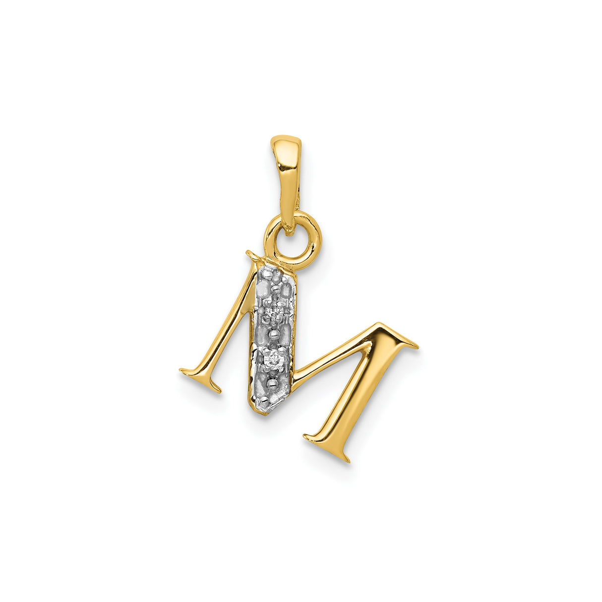 14k Multi-Tone Gold M Pendant with Diamond, Polished Textured Alphabet Letter Charm