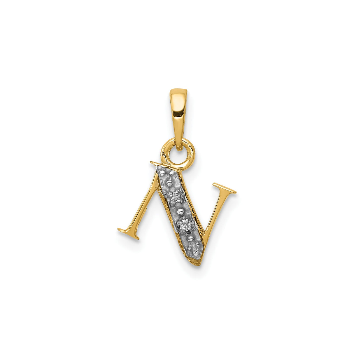 14k Multi-Tone Gold Pendant with Diamond, Letter N Charm with Rhodium Inlay