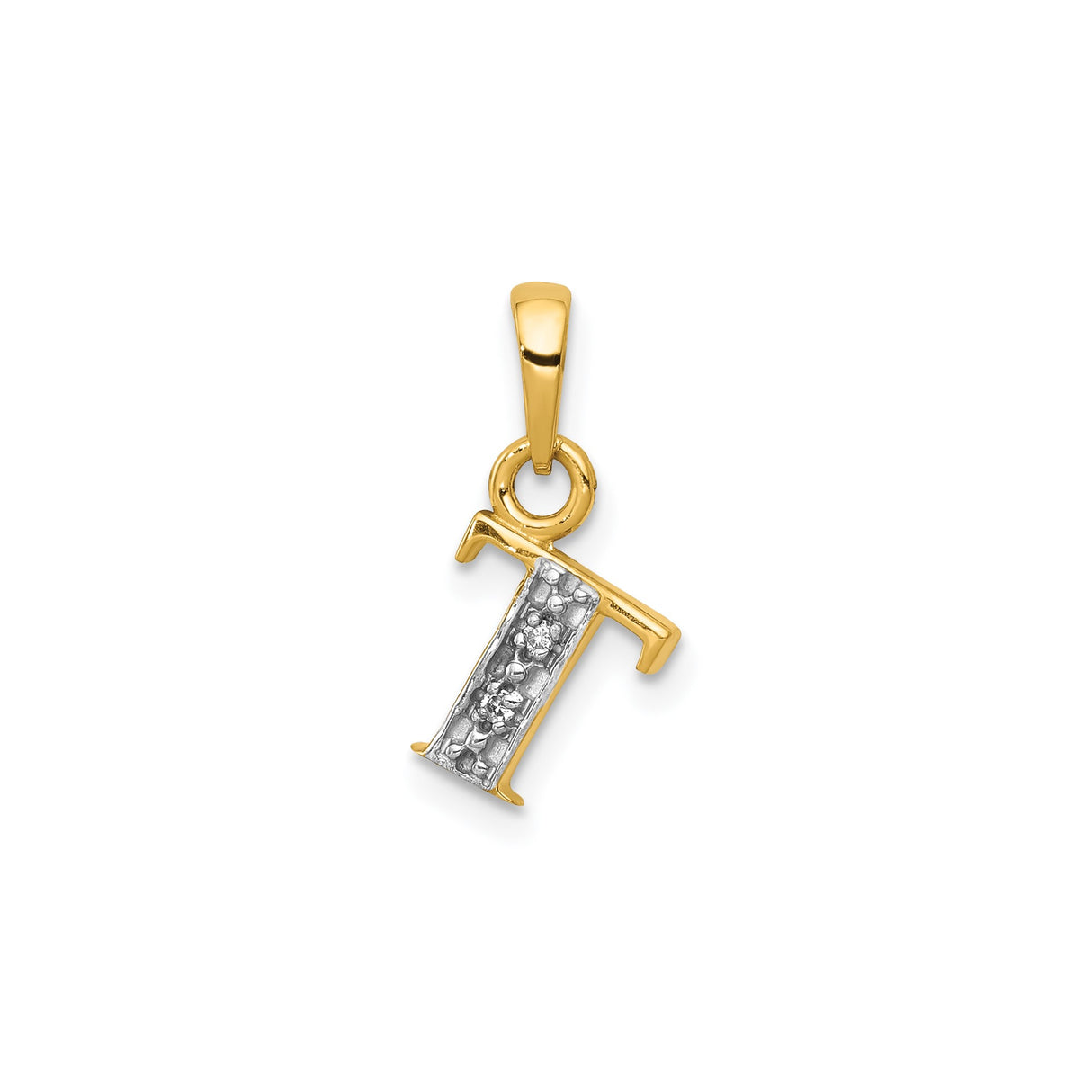 14k Yellow Gold and Rhodium Plated Pendant with Diamond, Textured Capital T Initial Charm