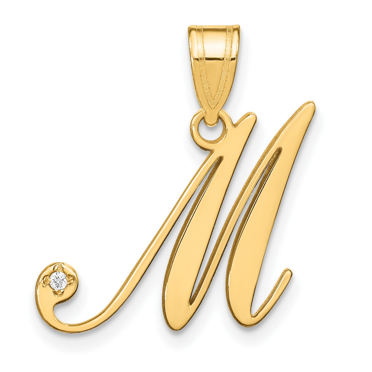 14k Yellow Gold Script M Pendant with Diamond Accent, Cursive Initial Charm for Women