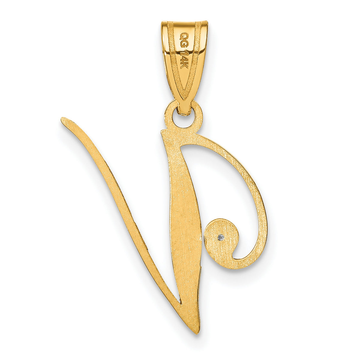 14k Yellow Gold Script V Pendant with Diamond Accent, Flowing Letter Charm for Women