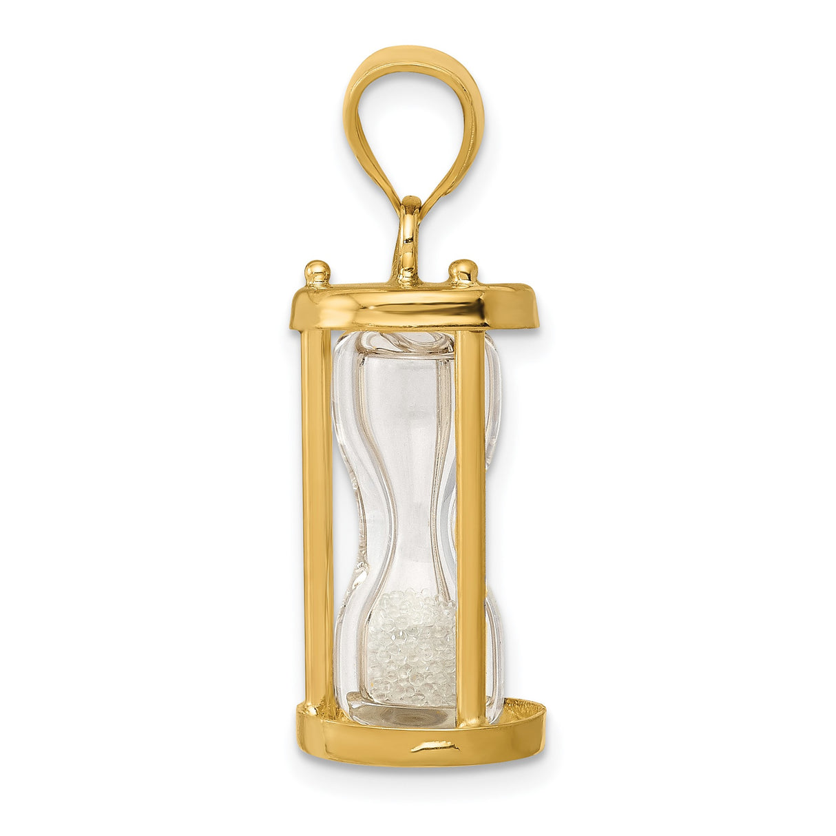 14k Yellow Gold Hourglass Pendant with Clear Glass and Sand Detail, Symbolic Spiritual Jewelry