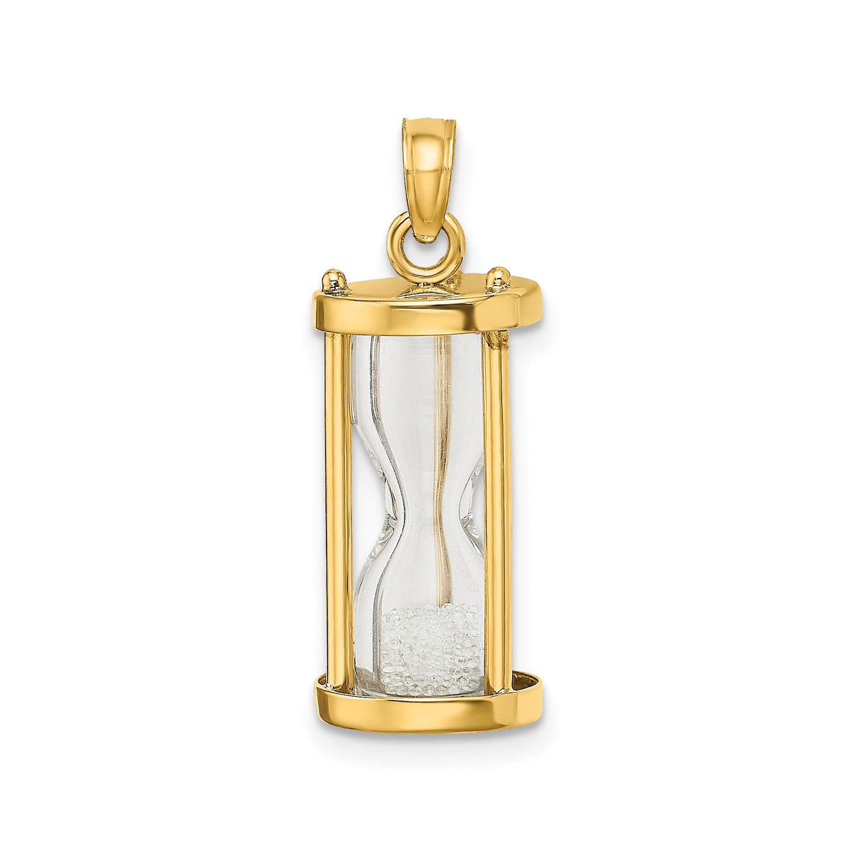 14k Yellow Gold Hourglass Pendant with Clear Glass and Sand Detail, Symbolic Spiritual Jewelry