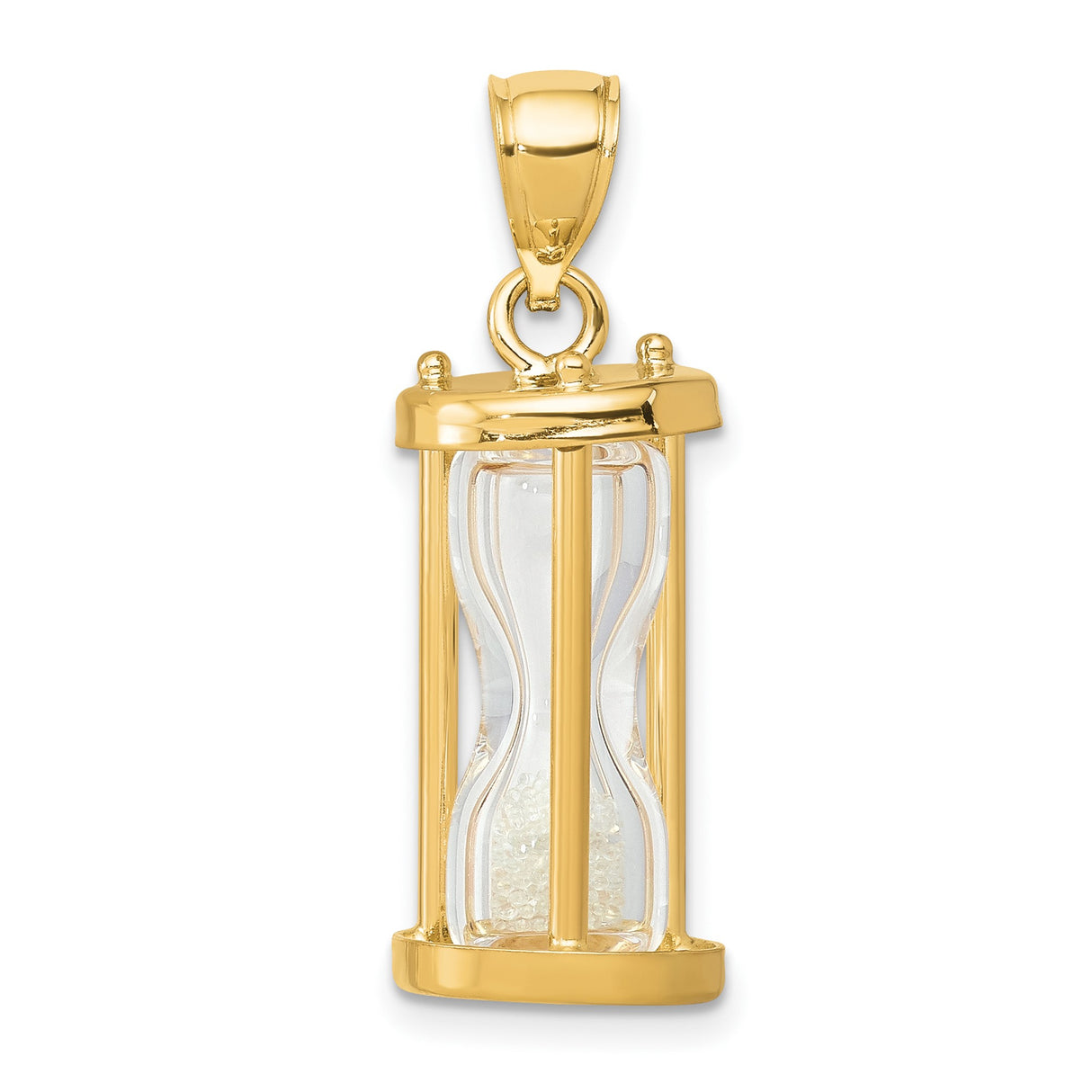 14k Yellow Gold Hourglass Pendant with Clear Glass and Sand Detail, Symbolic Spiritual Jewelry