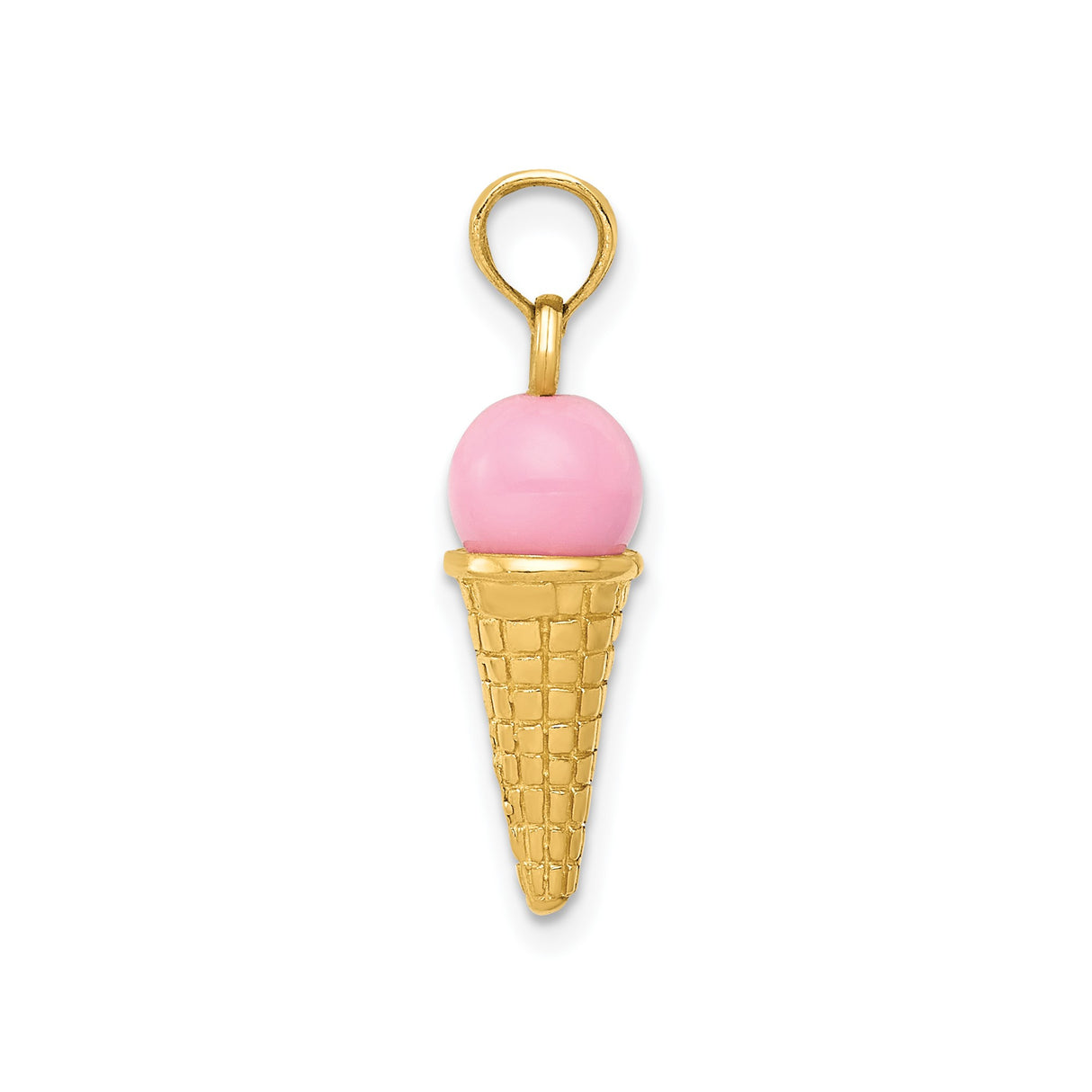 14k Yellow Gold Ice Cream Cone Pendant with Pink Enamel, Fun Dessert Charm for Women or Girls