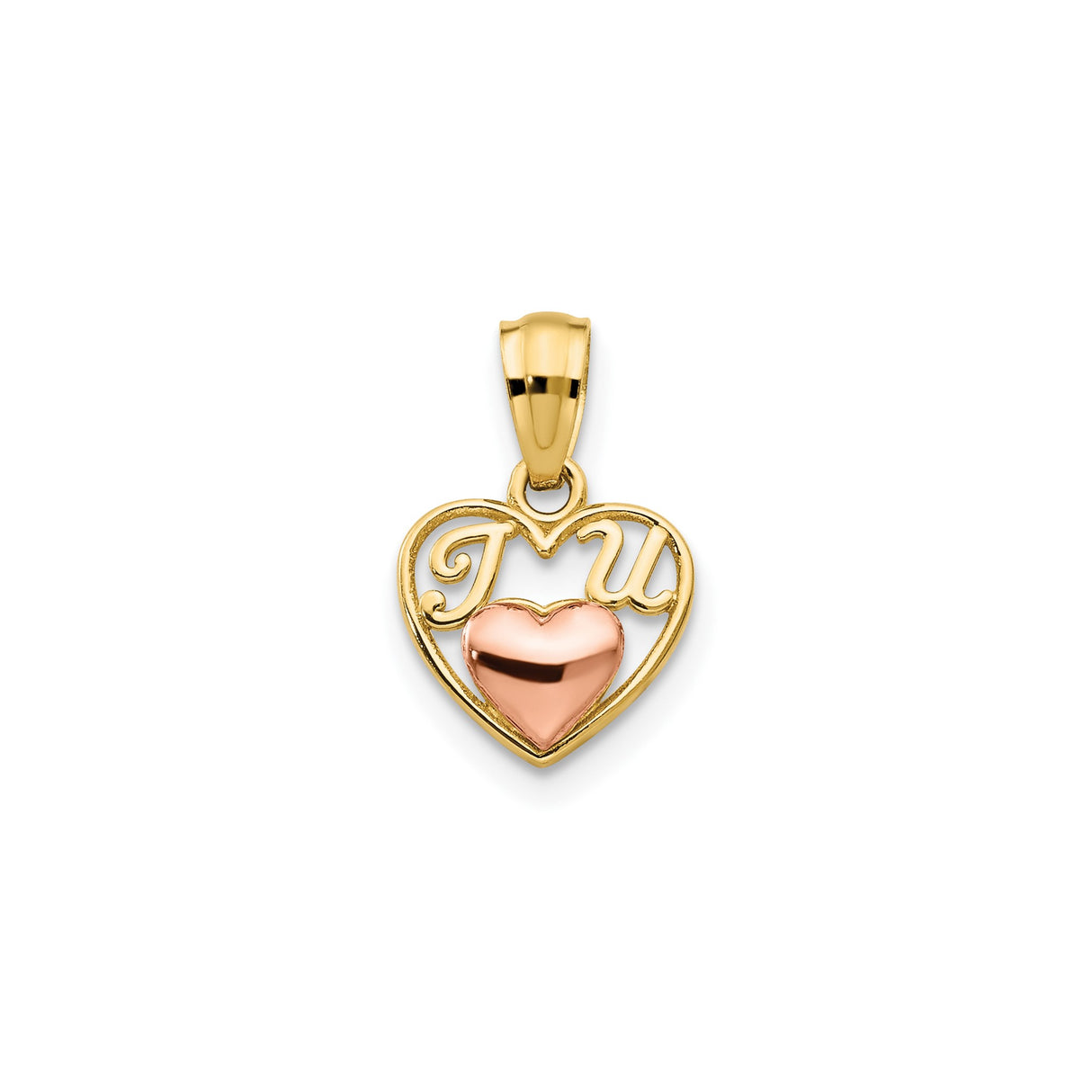 14k Two-Tone Gold Heart Pendant with Rose Gold Accent and I Love You Design