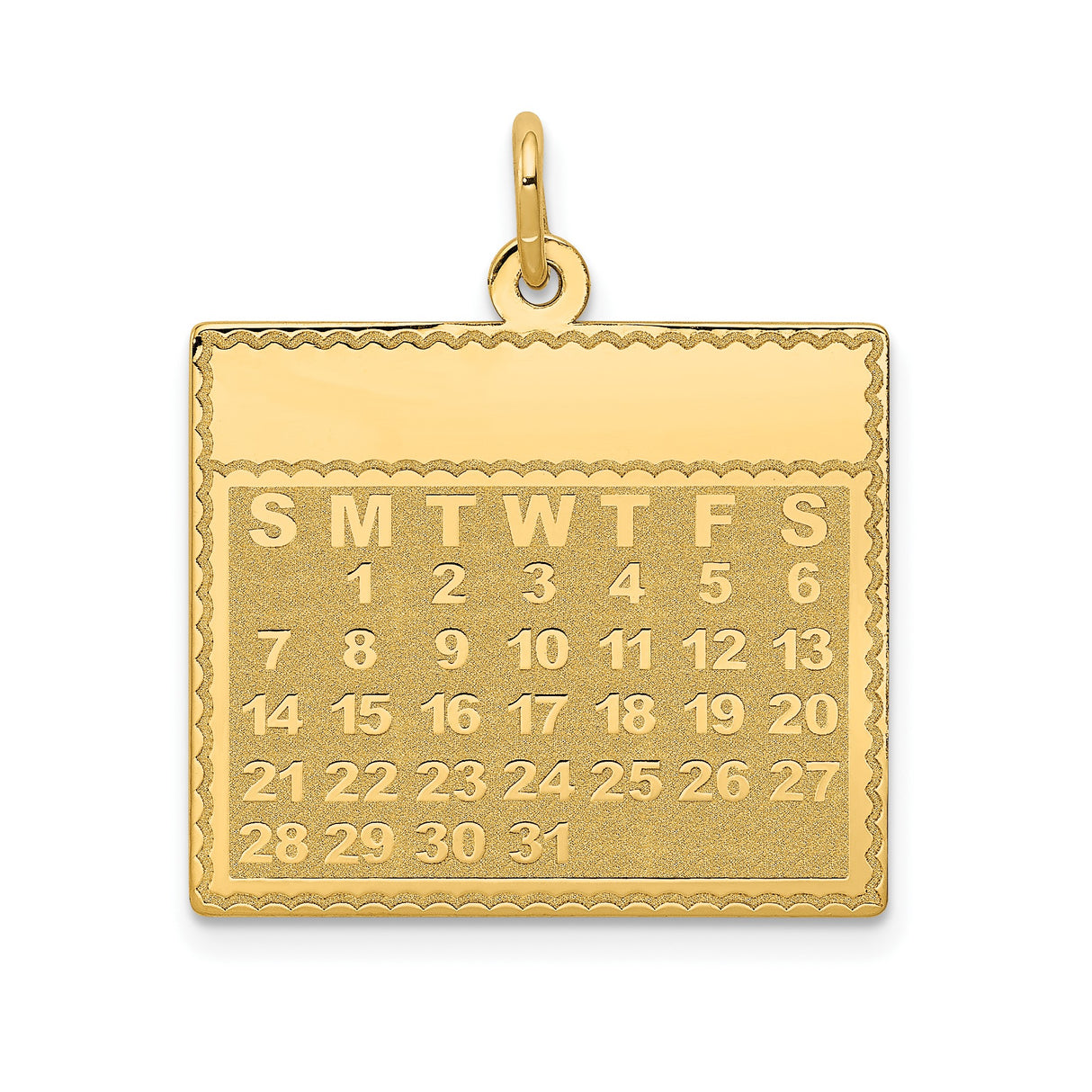 14k Yellow Gold Calendar Pendant, Month Layout Charm with Days and Numbers