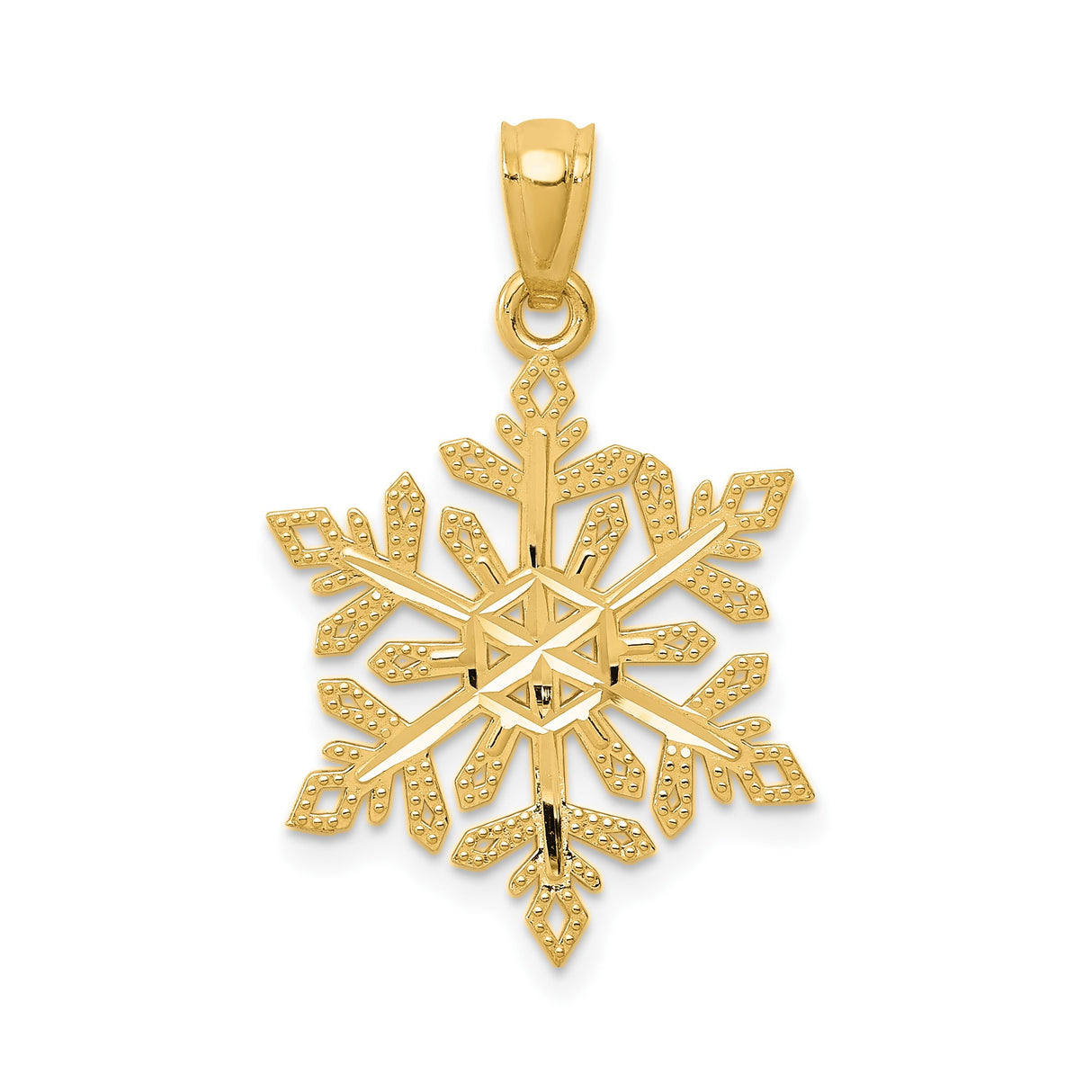 14k Yellow Gold Snowflake Pendant with Intricate Detailing, Geometric Winter Charm for Women