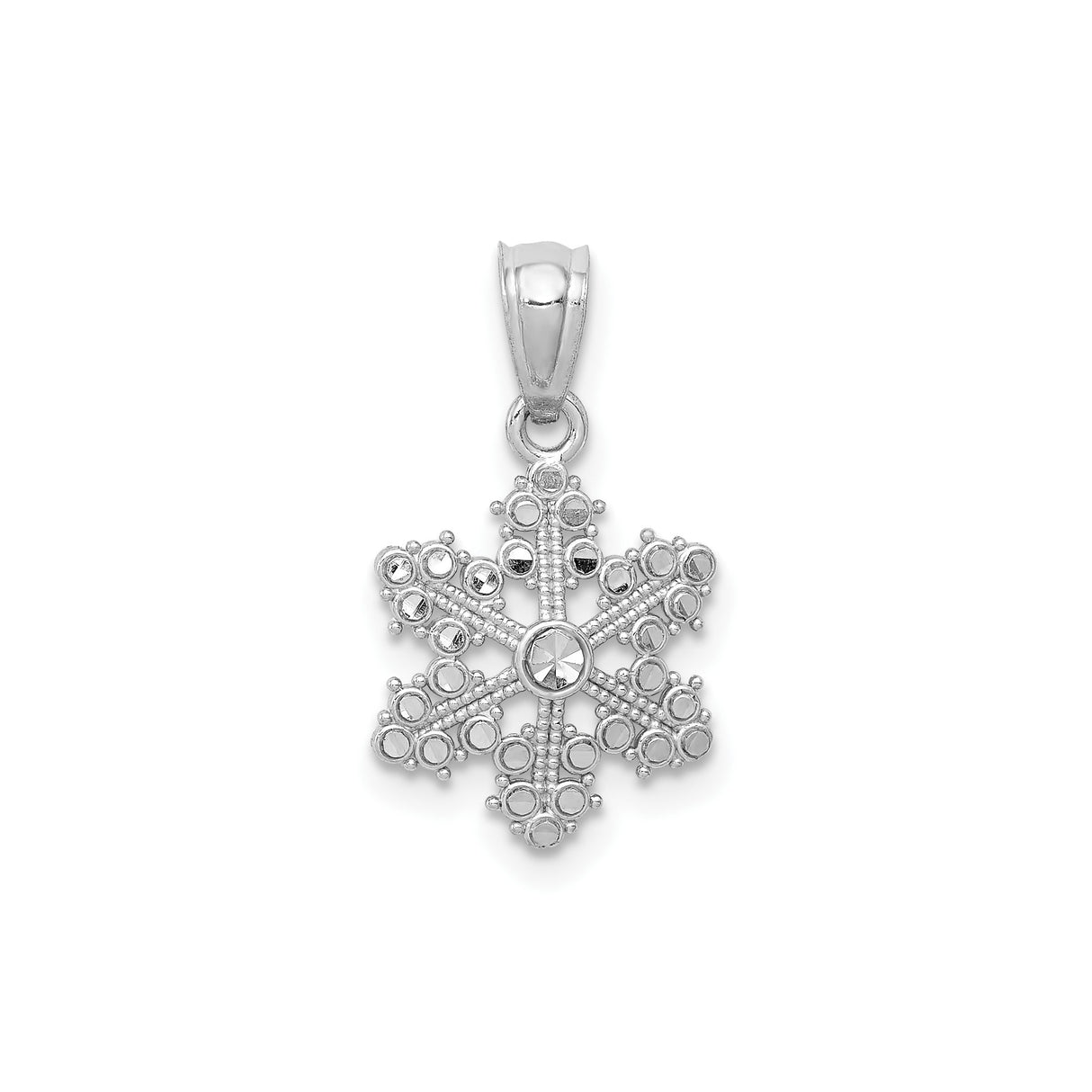 14k White Gold Snowflake Pendant with Mirror Detail and Beaded Design