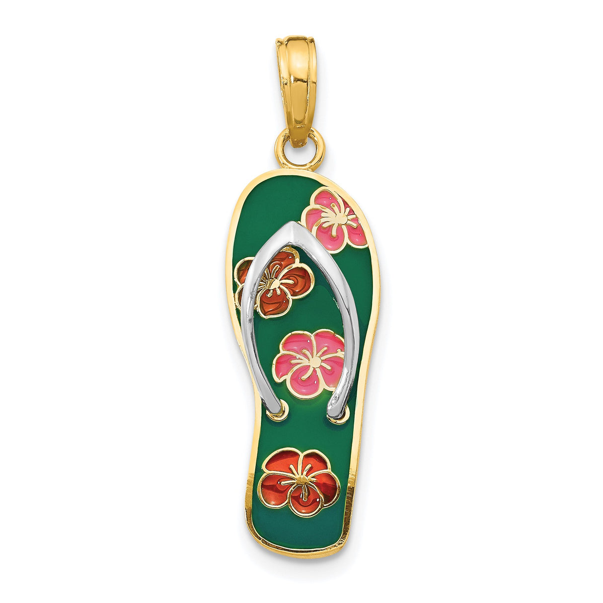 14k Multi-Tone Gold Flip Flop Pendant with Colorful Enamel Hibiscus Flowers, Tropical Charm